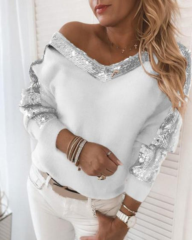 Sequins Contrast Fluffy Long Sleeve Sweater
