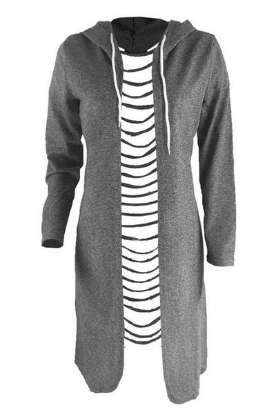 Solid Ripped Back Drawstring Hooded Long line Coat